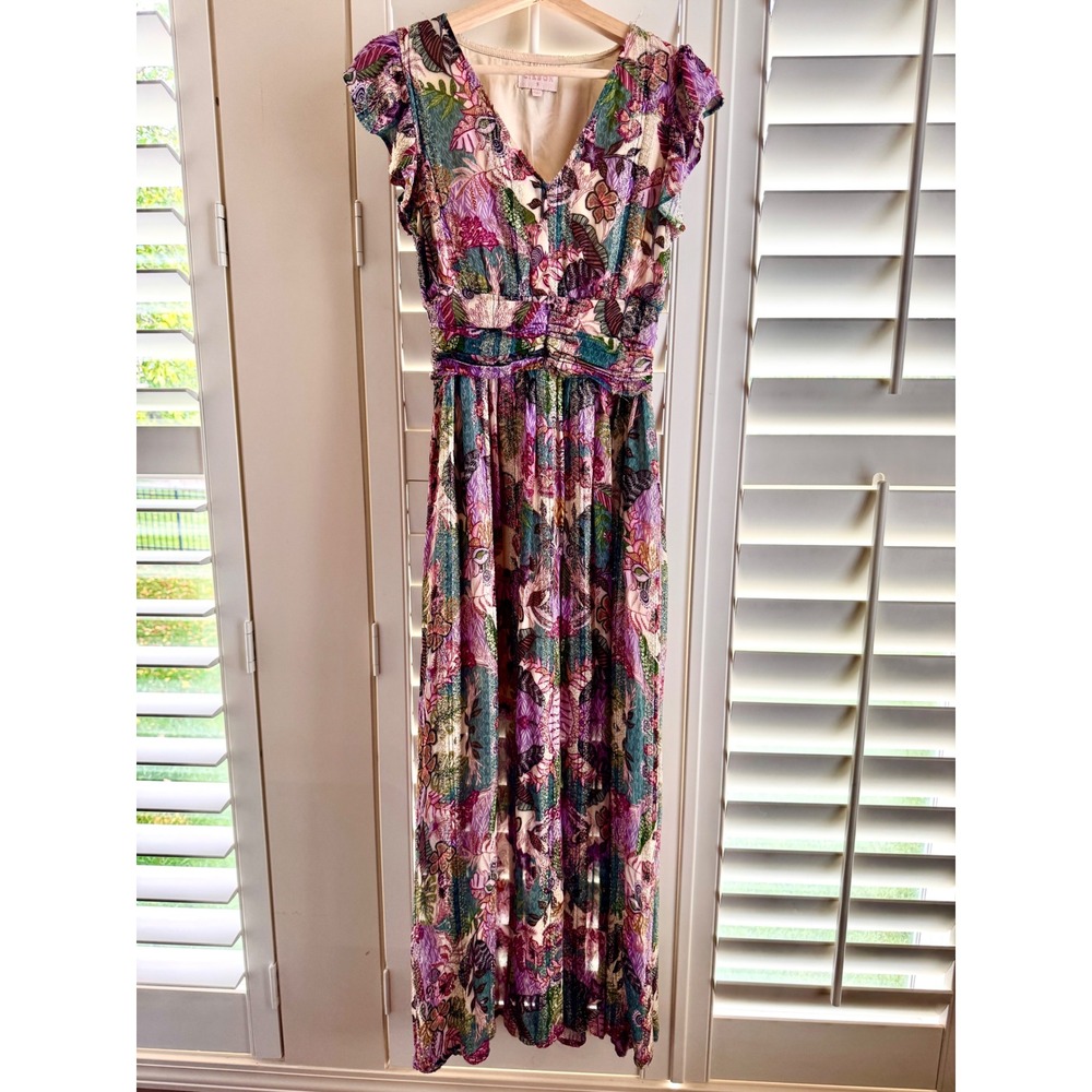 CIEBON Floral Metallic Maxi Dress Small Boho Tropical Lurex‎ Flutter Sleeve Pink